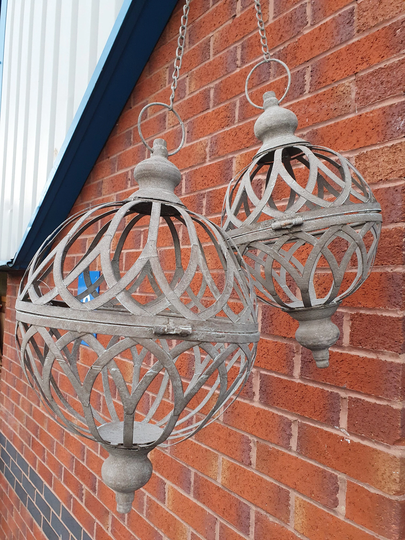 Set Of Two Hanging Vintage Style Garden Orb Planters, One Large & Smaller, in A Rustic Grey