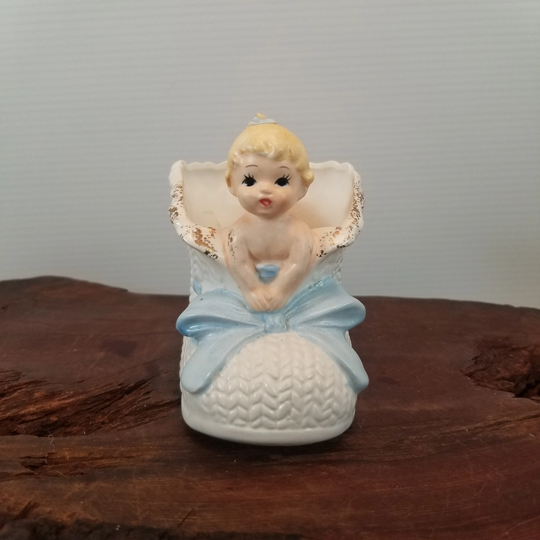 Vintage Baby in Bootie Planter, Nursery Shoe Planter, Nursery Decor White With Blue Ribbon & Blonde Headed Planter