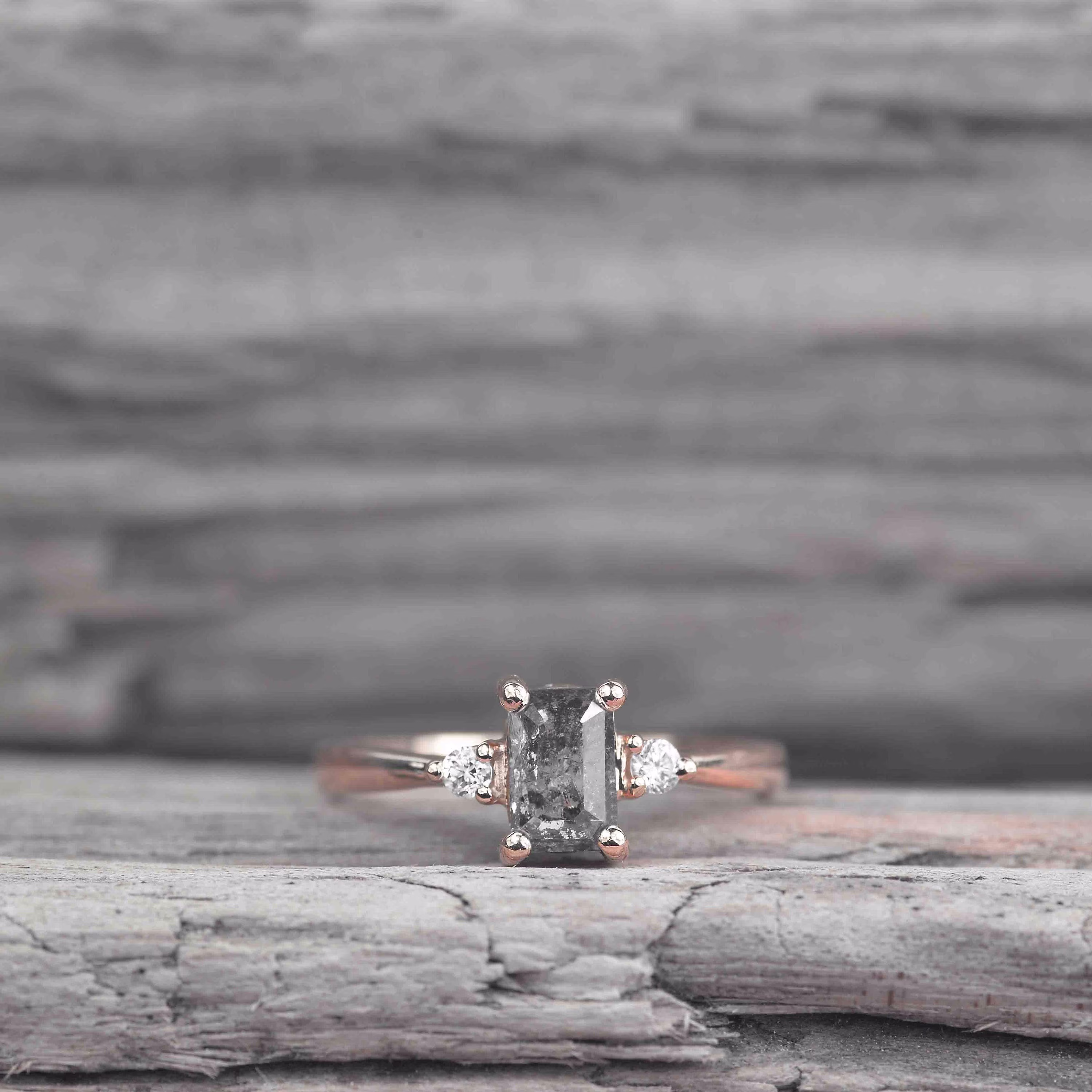 Emerald Cut Salt & Pepper Diamond Engagement Ring | Rose Gold Perfect Bridal Gray Promise
