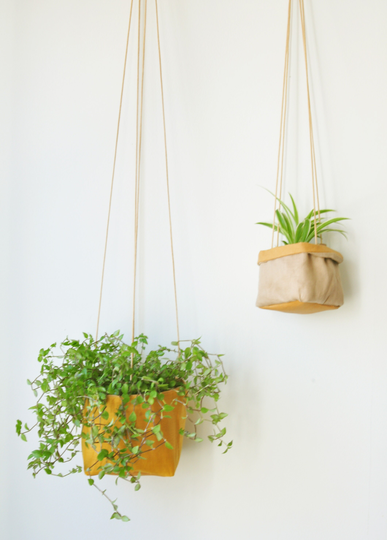 Planter, Hanging Paper Planter Made From Washable Reusable & Linen in Yellow Pink Beige. Vegan Leather For Living Room