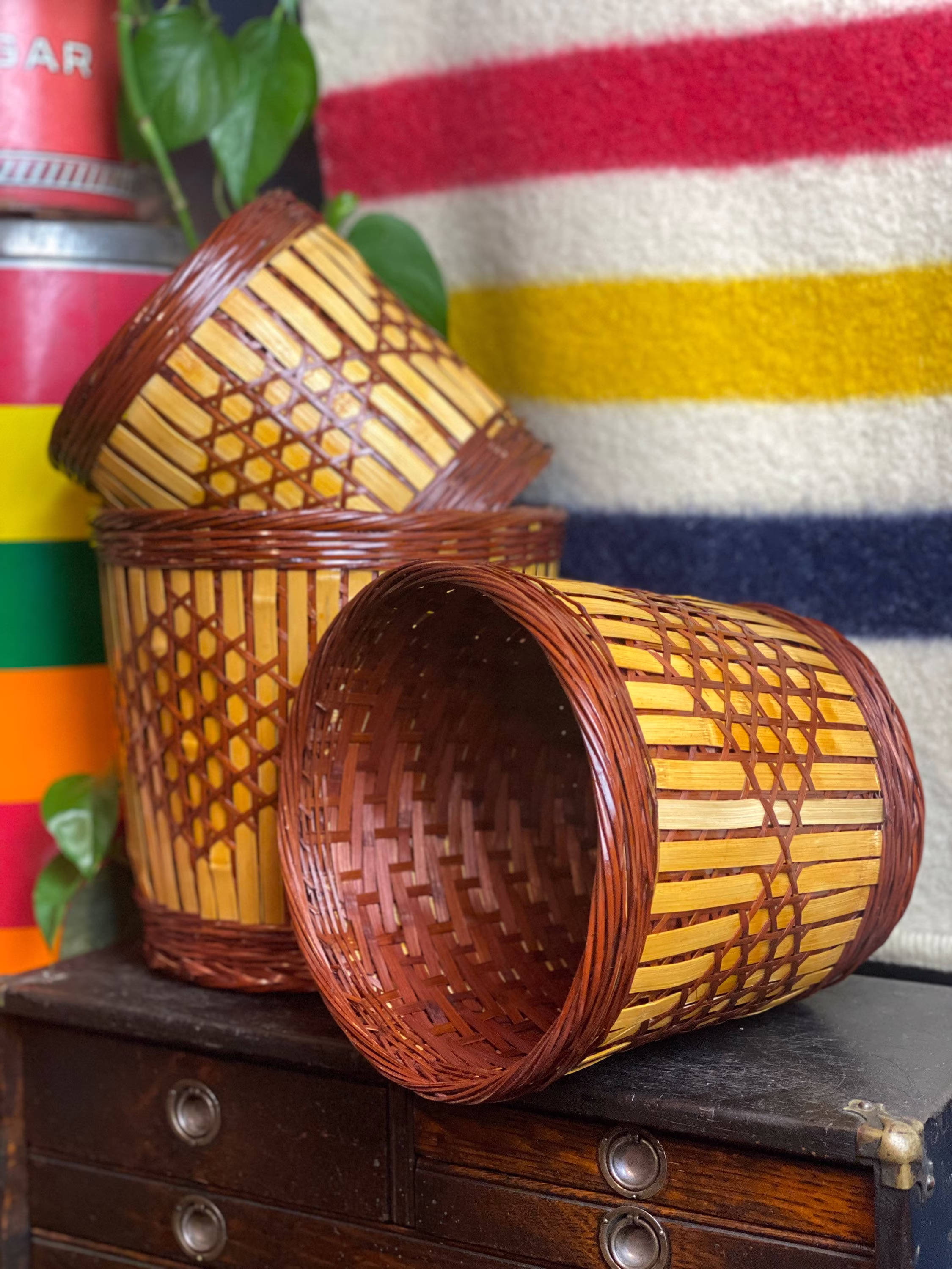 Trio Of Bamboo & Wicker Woven Nesting Baskets