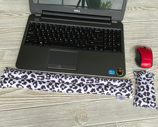 Black White Snow Leopard Print Keyboard & Mouse Wrist Rest Set, Office Accessory, Animal Print Decor, Plastic Free, Flaxseeds