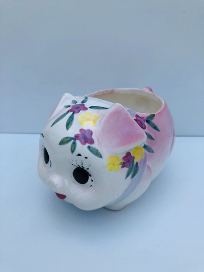 Vintage, Antromorphic, Big Eye, Ceramic, Floral, Pig Planter, Whimsical, Kawi, Kitschy, Pink & White With Blue Bow Painted Flowers