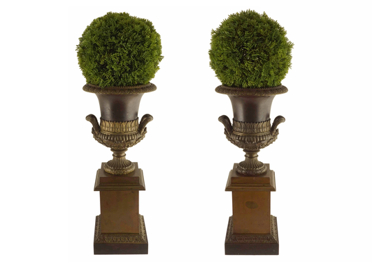 Pair Bronze Campagna Urns Neoclassical Figural Handles On Pedestal Plinth Lamp Bases Antique