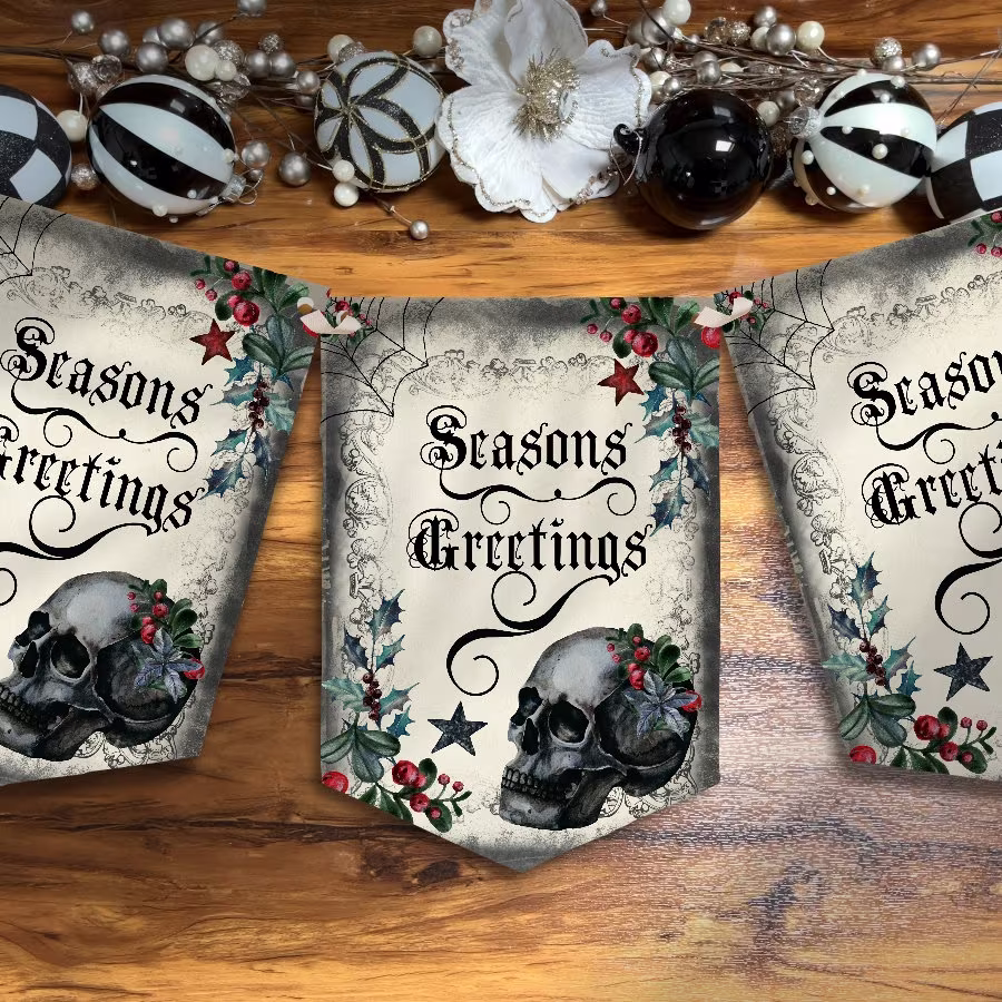 Skull Christmas Bunting Goth Banner Garland Gothic Party Decoration Xmas Holiday Decor Seasons Greetings