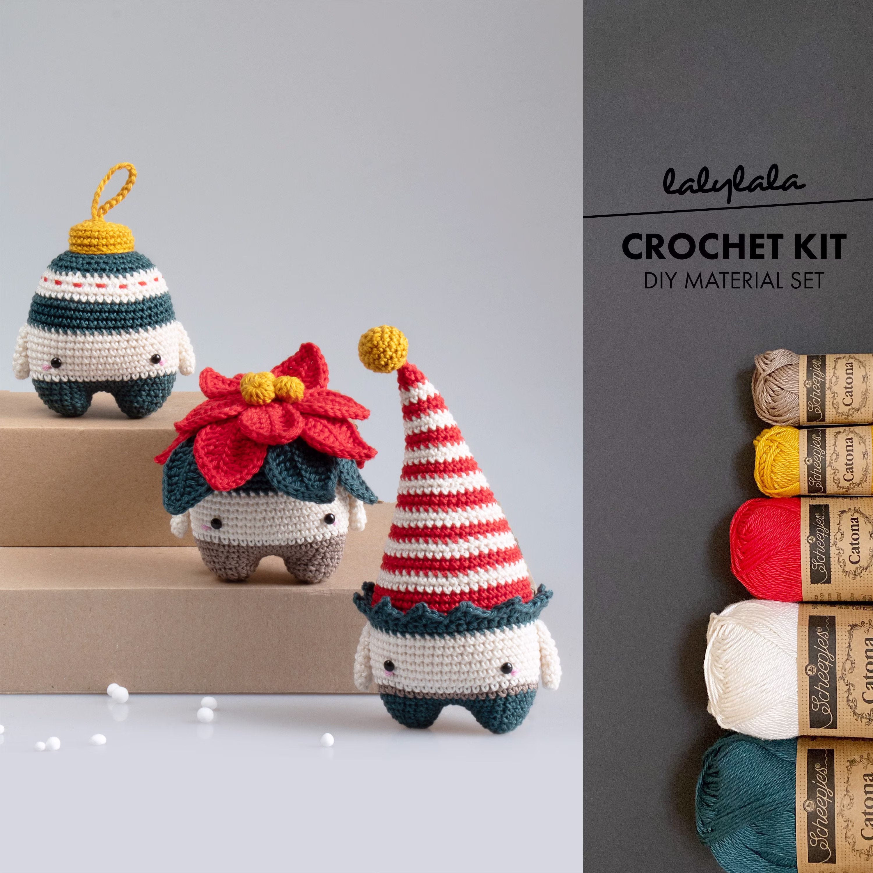 Crochet Kit Lalylala Seasons Christmas #2 Amigurumi Diy Poinsettia, X-Mas Elf, Pixie, Bauble Ornament, Cute Tree Decoration, Festive