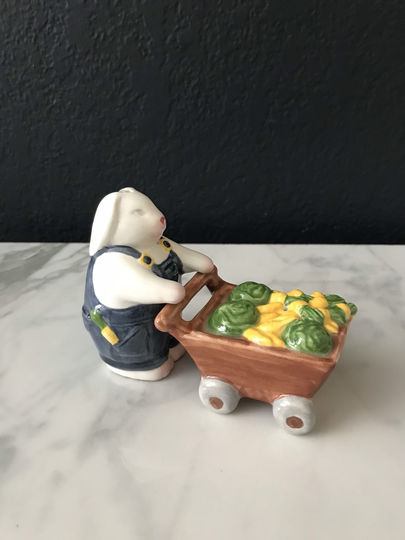 Clay Art Bunny With Veggie Cart Salt & Pepper Shakers