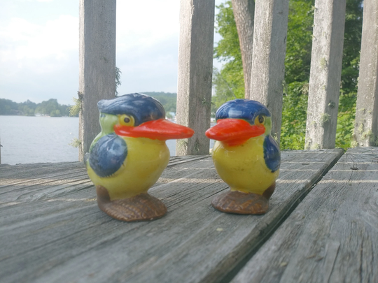 Vintage Kookaburra Salt & Pepper Shakers/Hand Painted Blue, Orange, Yellow Ceramic