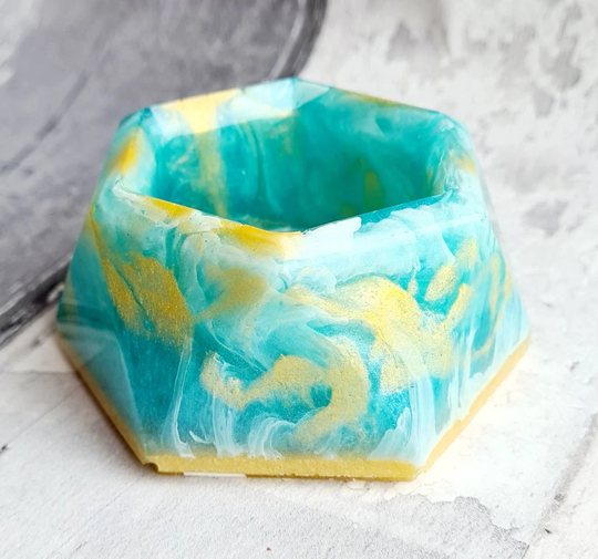 Turquoise Gold White Resin Geometric Succulent Pot Trinket Dish. Sea Inspired Ornament Planter Homeware Decorative Gift Unique Decor Ooak