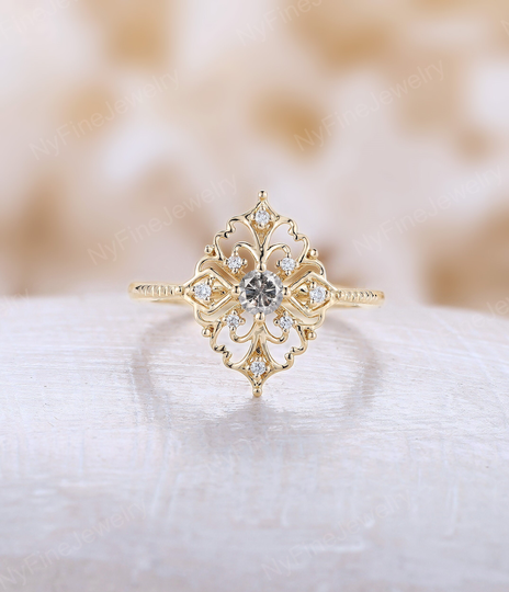 Art Deco Salt & Pepper Diamond Engagement Ring Vintage Yellow Gold Bridal Unique Diamond Delicate Wedding Anniversary Promise