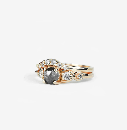 Salt & Pepper Diamond Engagement Ring/Rose Cut Diamond Alternative Wedding Band-Diamond Curved Ring Set