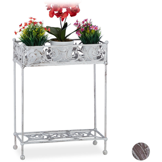 Relaxdays Flower Shelf, Cast Iron, Solid, 2 Tiers, Shabby Look, Country Style Planter Stand, HWD: 72x53x22, White