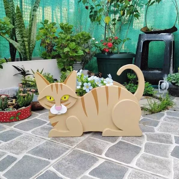 Wooden Cute Cartoon Kitty Cat Garden Planter Decoration - 8 Styles Including Black, Grey & British Shorthair