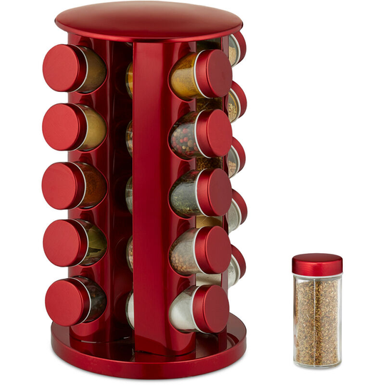 Spice Rack, 20 Glass Jars, Rotatable, Stainless Steel, h x d: approx. 34 x 21 cm, Red - Relaxdays