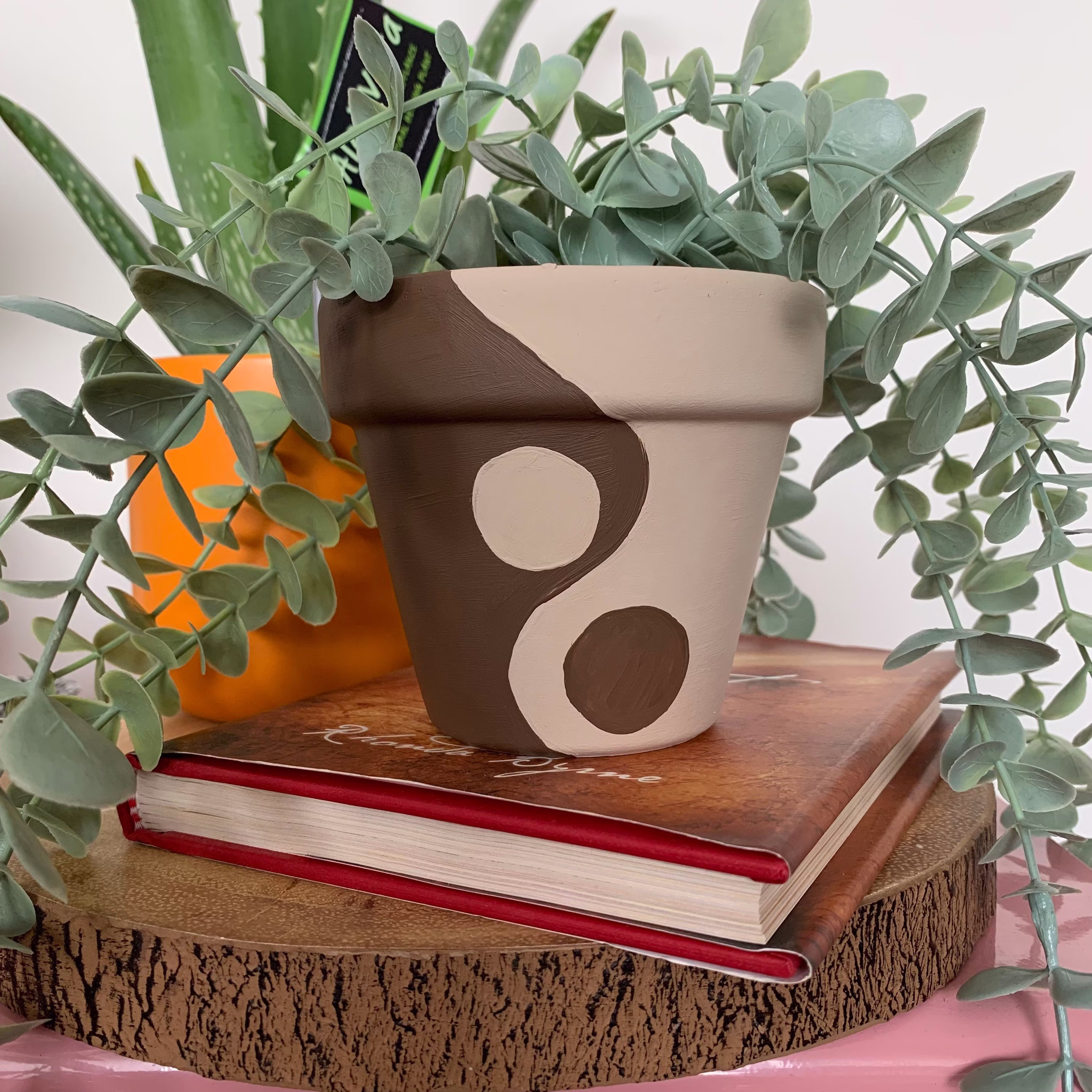 Hand Painted Brown Yin & Yang Plant Pot Terracotta Neutral Boho