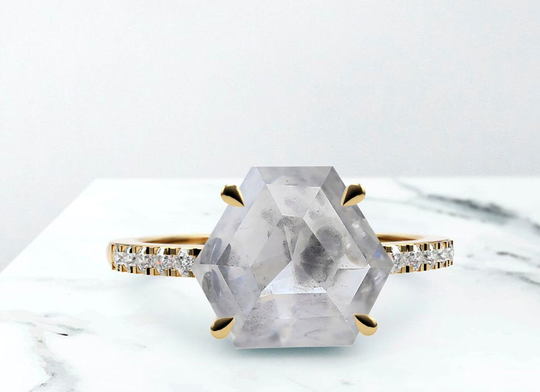 Natural Handmade 1.59 Carat Gray Stone Round & Pentagon Shape Diamonds, Salt & Pepper Ring in 14K White, Yellow Rose Gold