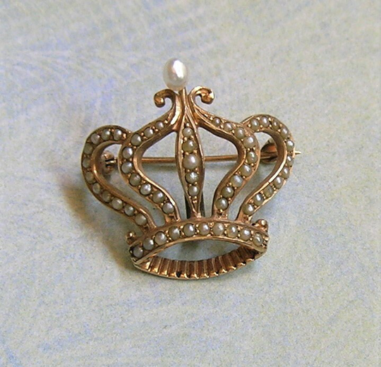 Antique 10K Gold & Seed Pearl Crown Watch Pin, Old Pin Brooch, Wedding Jewelry | #3856