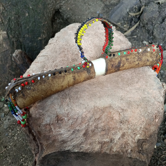 Vintage Turkana Beaded Leather & Horn Tobacco Herb Storage Container Antique Kenya African Art Multicolor Shelf Wall Hanging Used