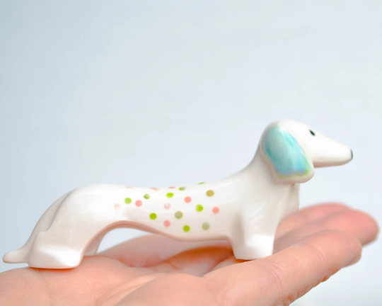 Miniature Dachshund Dog Figurine, Sausage Wiener Dog Decoration Blue Dots Handpainted Pet Porcelain Studs Ceramic Collectible Gift Women