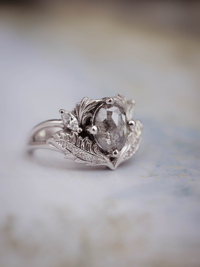 Salt & Pepper Diamond Ring, Alternative Engagement Nature Inspired Leaf Leaves Oval Grey Ring