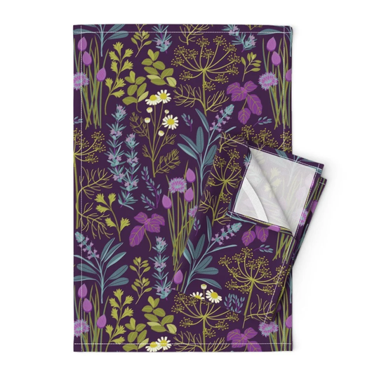 Herb Garden Tea Towels | Set Of 2 - Herbs By Cjldesigns Modern Botanical Green Purple Summer Linen Cotton Spoonflower