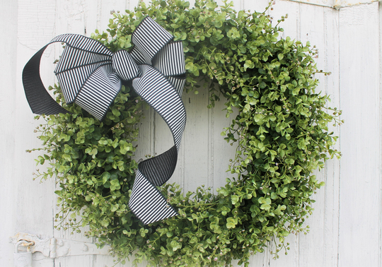Farmhouse Front Door Wreath, Boxwood Wreath With Black & White Striped Bow, Indoor Outdoor All Season Year Round