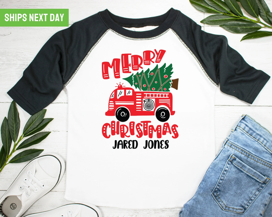 Merry Christmas Fire Truck Toddler Tee - Cute Seasonal Kids Clothes Personalized T Shirt Holiday Gift Boy, Girl