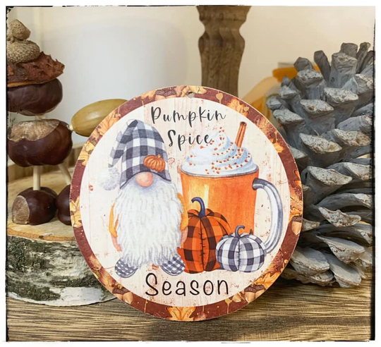Pumpkin Spice Season 10 cm Wooden Hanging Bauble Round Ornaments Gnome Pumpkins Handmade Decoupage Decoration Gift Label Tag