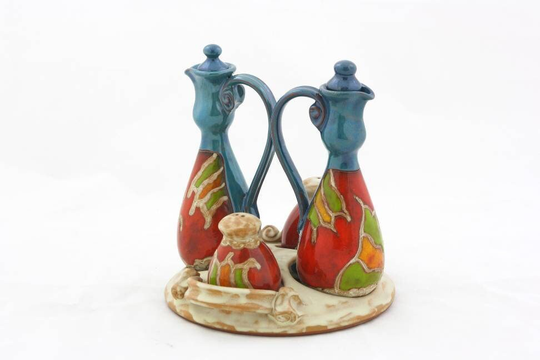 Olive Oil & Balsamic Vinegar Dispenser Ceramic Set, Wheel Thrown Pottery Kitchen Cruet Set, Tri Ushi