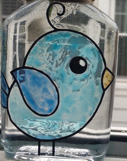 Hand-Painted Blue Bird Windowsill Vase Upcycled Glass Bottles Stained Planter Propagation Cottagecore Country Farmhouse