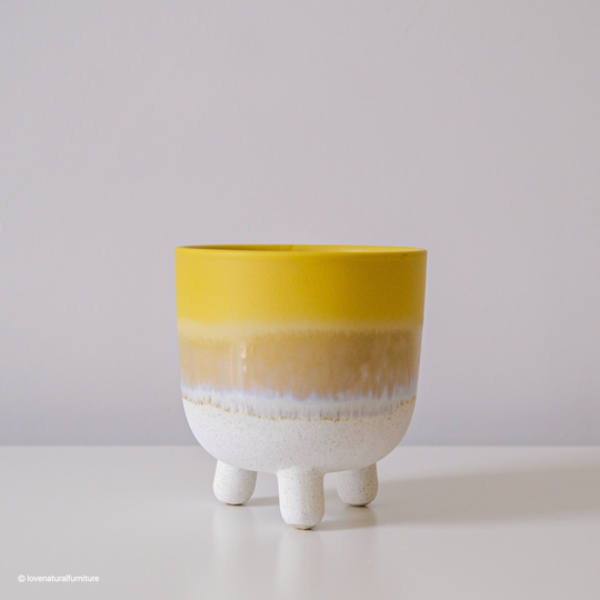 Large Yellow Reactive Glaze Indoor Planter | Rustic Pottery Ombre Plant Pot Glazed Stone Ceramic Standing Sideboard Table Decor