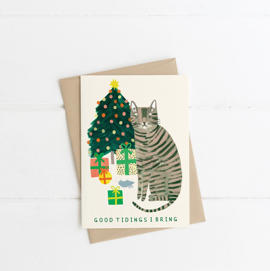 Funny Cat Christmas Card | Good Tidings Xmas Naughty Merry Seasons Greeting Eco-Friendly Recycled Hand Painted