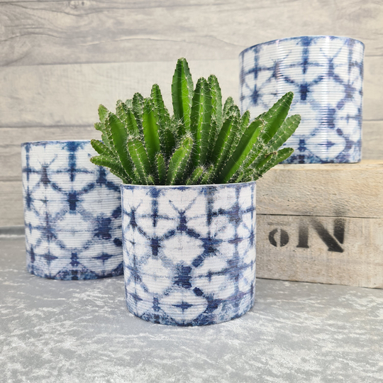 White & Blue Tie-Dye Ribbed Ceramic Planter - 3 Sizes Available