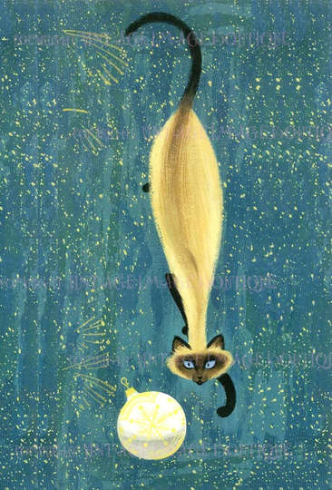 Fabulous 1950's Kitschy Illustration Of A Siamese Cat & Tree Ornament Christmas Seasonal Winter Solstice Holiday 5x7 Greeting Card