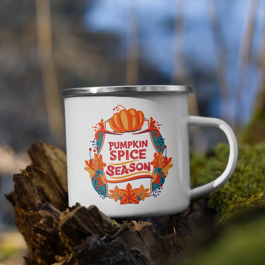 Pumpkin Spice Season - Enamel Mug Camping Coffee Fall Decor Autumn Leaves Holiday Gifts