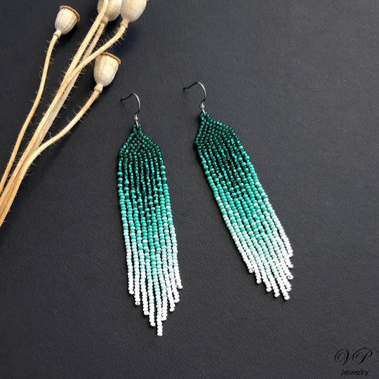 Emerald Turquoise Seed Bead Earrings Chandelier Gradient Fringe Ombre Dangle Beadwork