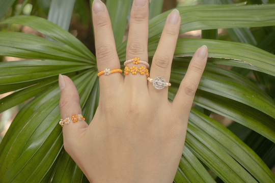 Orange Beaded Rings Collection | Mini Seed Bead Retro Flower