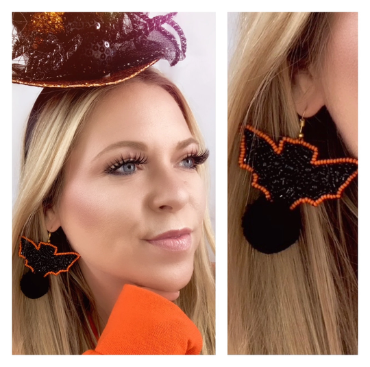 Seed Bead Earrings-Halloween Bat Earrings -Felt Bead Earrings - Halloween