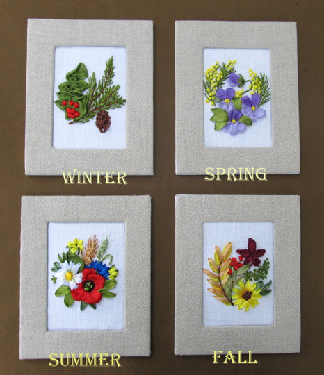 Linen Embroidered Wall Decor, Ribbon Embroidery Card, Seasons Picture Set, Framed Season Miniatures, 4Th 12Th Anniversary