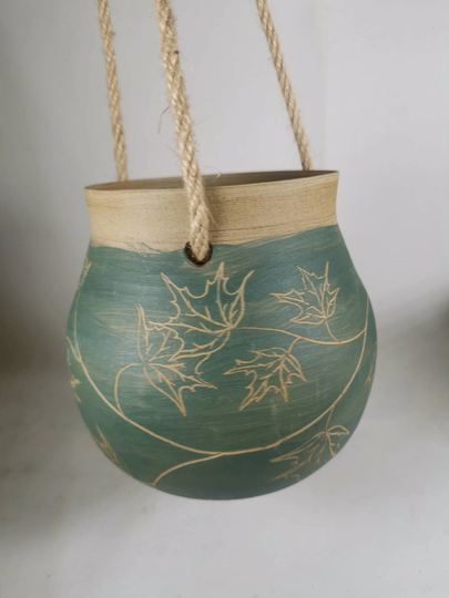 Hanging Planter With Ivy Leaf Design, Handmade Stoneware Pottery - UK Delivery Only