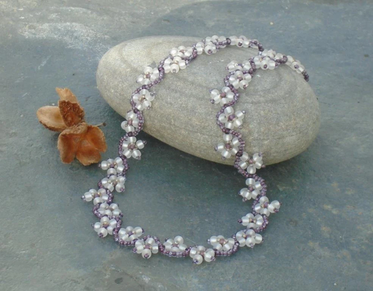 Bramble Flower Necklace, Czech Seed Bead in Frosted White, Champagne Yellow & Amethyst Seed Beads, UK Seller