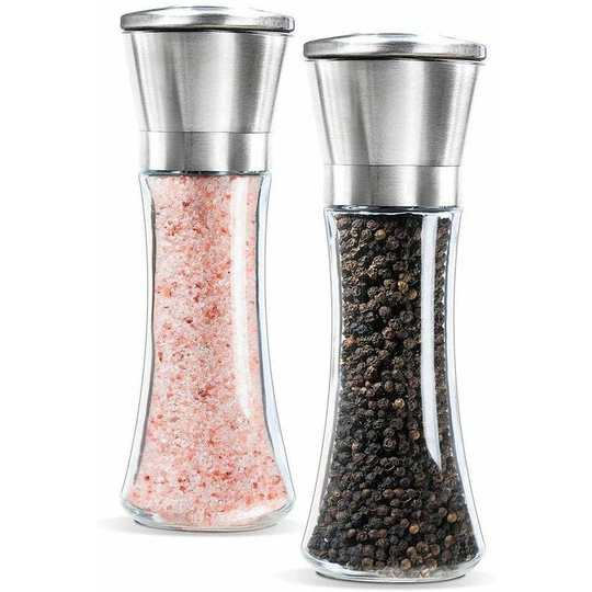 2 pcs Salt and pepper mill set with adjustable ceramic grinder, Made of high quality stainless steel, pepper mill and salt mill