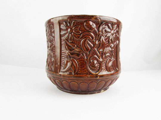 A Chocolate Brown Jardiniere - Daisies & Leaves Large Heavy Petal Bottom High Gloss Glazed Stoneware