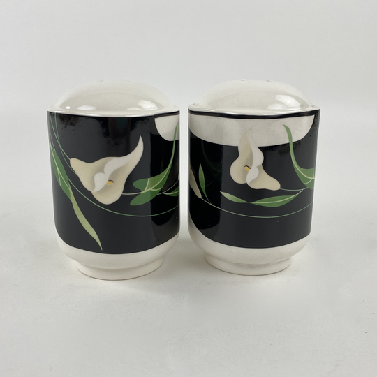 Sango Quadrille Black Lillies Salt & Pepper Shakers 5101, Semi Porcelain