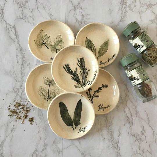Set Of Prep Dishes - Stackable Handmade Pottery With Herb Impression - Rosemary, Thyme, Mint, Parsley, Bay Leaf, Mint