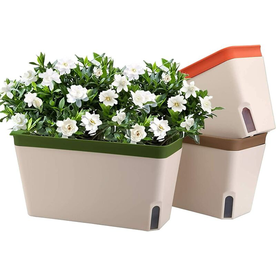 Monly - 10.5 Inch Rectangle Self Watering Planter Set of 3, Plastic Plant Pot with Visual Water Level Window Indoor Decorative Garden Flower Pot