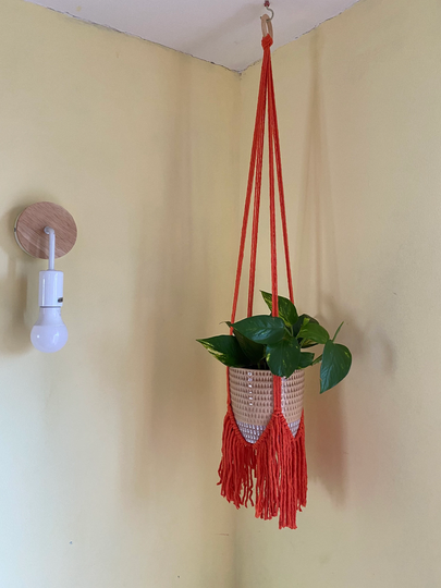 Orange Fringed Plant Hanger, Boho Fringe, Indoor Pot Holder, Decor, Orange Home Decor, Gift For Lover, Macrame Hanger