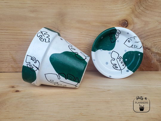 Monstera Print Pot | Hand Painted Planter Terracotta Pots Clay Pot
