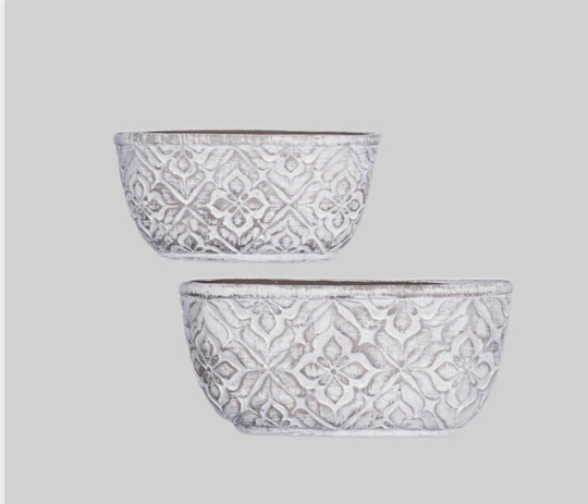 Long Concrete Oval Planter | White With Drainage Hole Low Bowl Old World French Country Tuscan Style