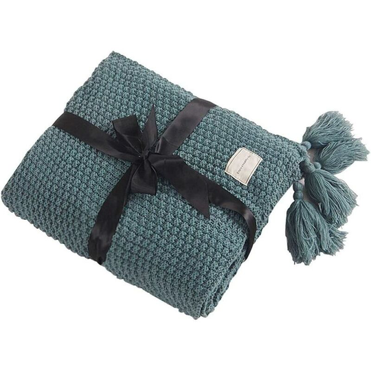 Knit Blanket Plaids Sofa Bedspread Table Mat Soft Warm Nordic Bed Throws with Handmade Fringe for Beach Picnic All Seasons (Matcha Green, 180 x 200cm)
